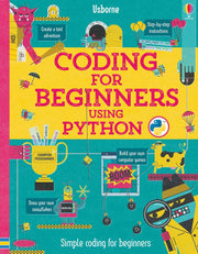 Book cover is blue and yellow with pink spine. Colourful illustrations and text cover the page. Across the bottom, book reads "simple coding for beginners'